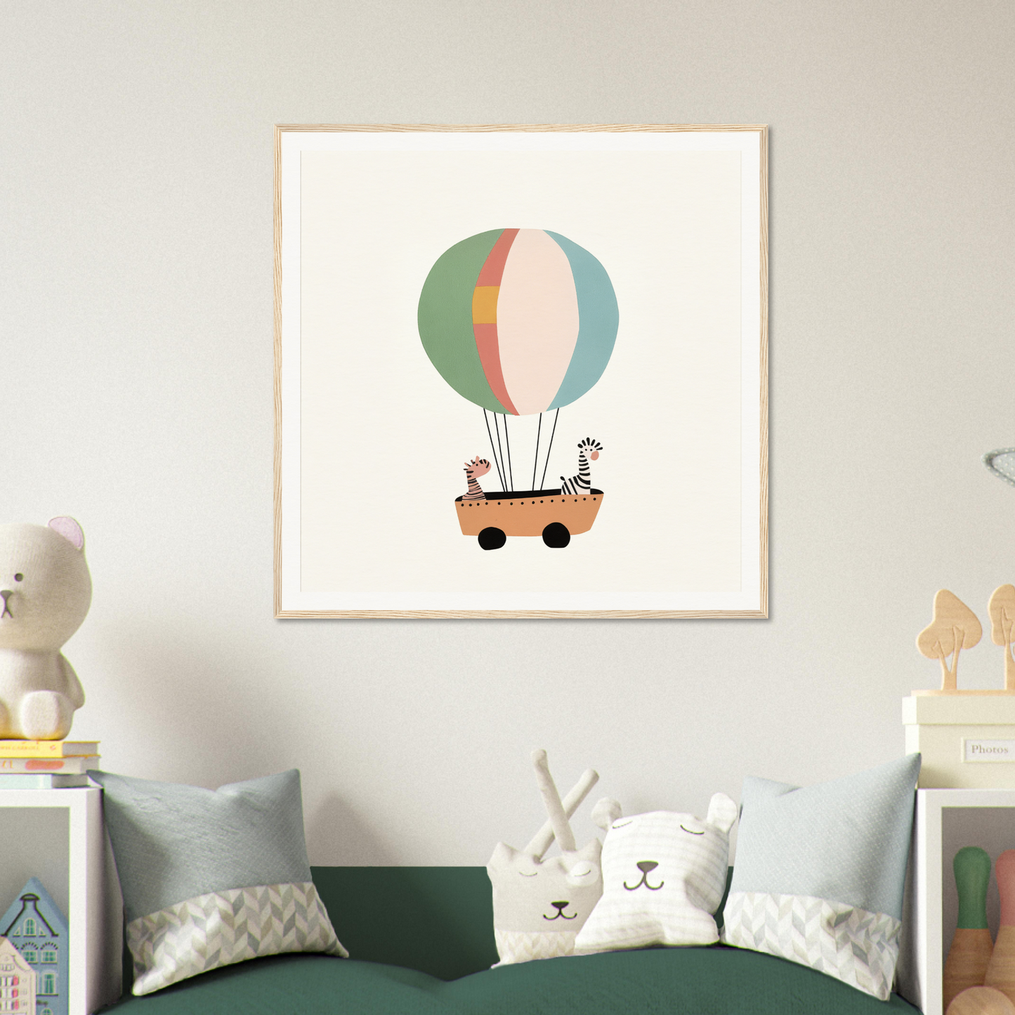 Whimsical hot air balloon with a bunny in a wagon basket from Zany Zebra Odyssey