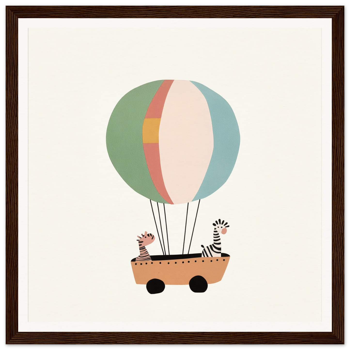 Two zebras in a cart under a striped hot air balloon in Zany Zebra Odyssey