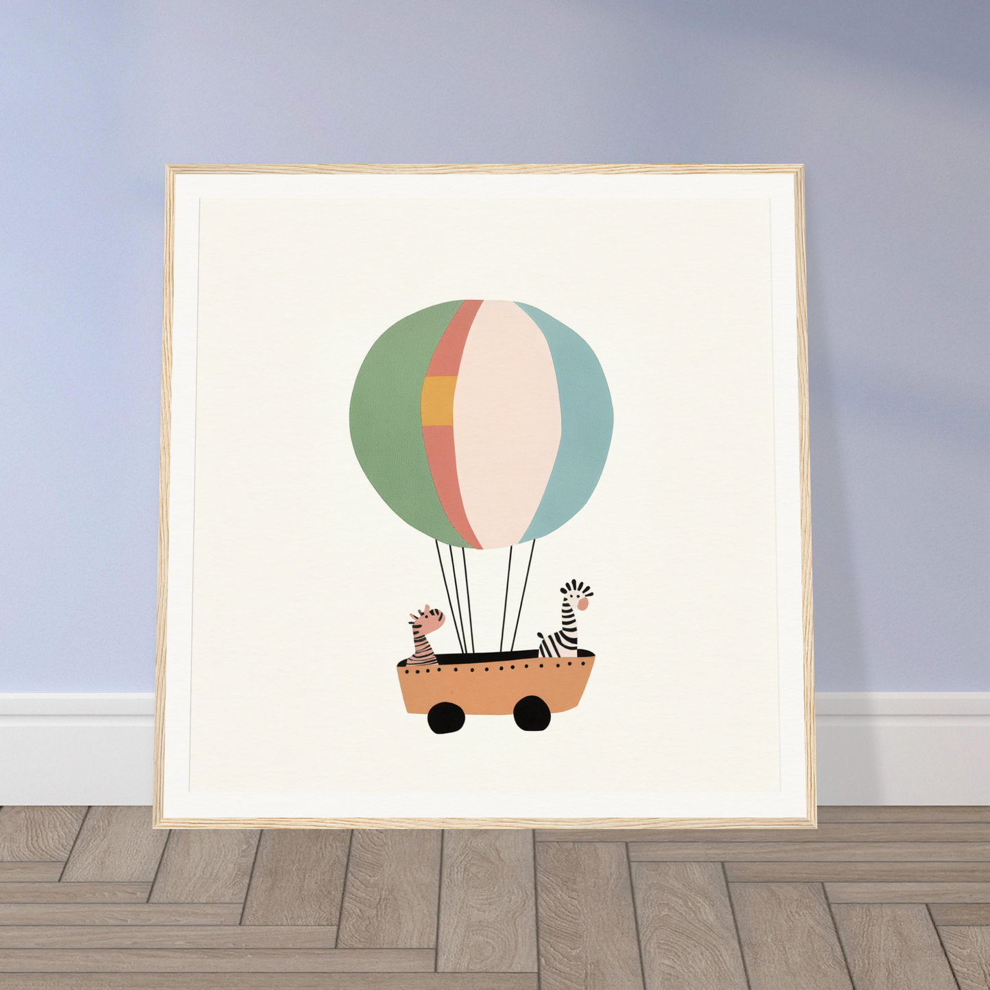 Zany Zebra Odyssey features a hot air balloon with a zebra in a wooden cart below
