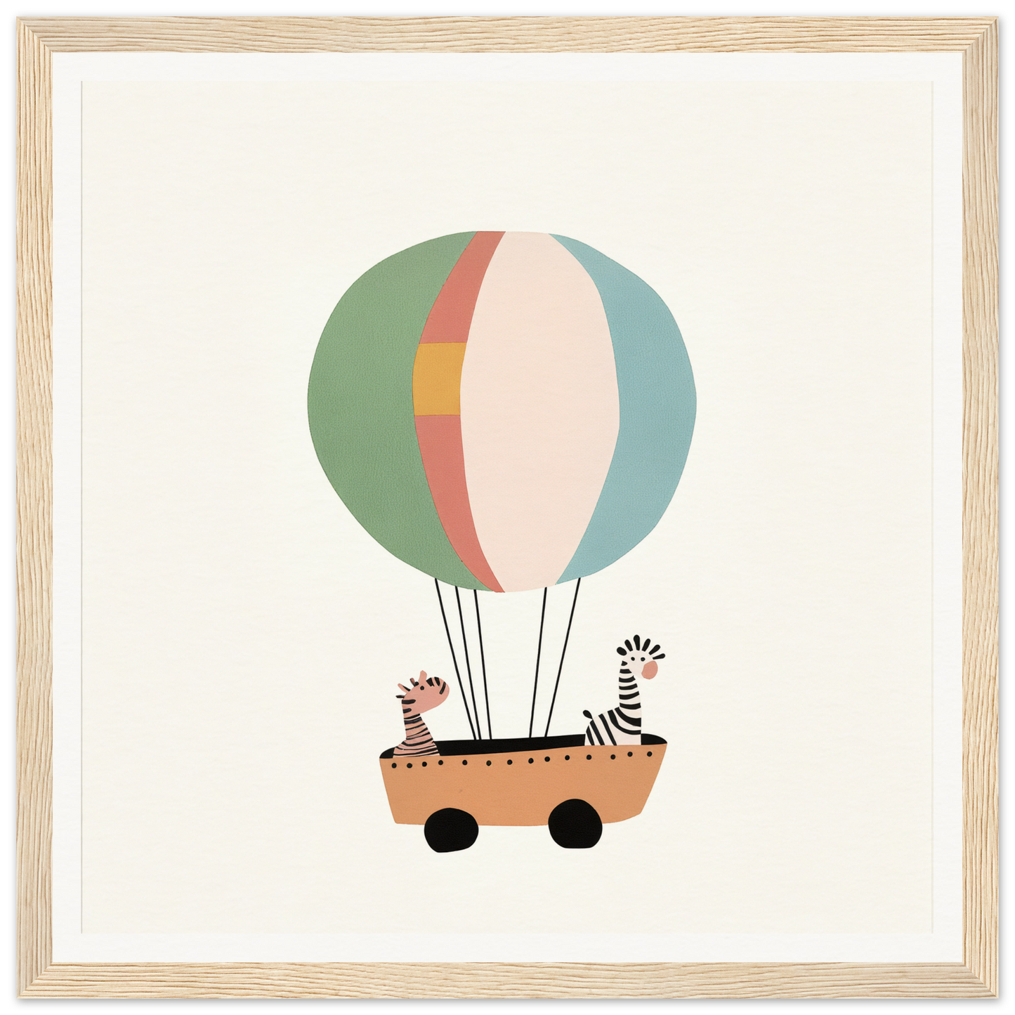 Two zebras in a cart under a striped hot air balloon for Zany Zebra Odyssey