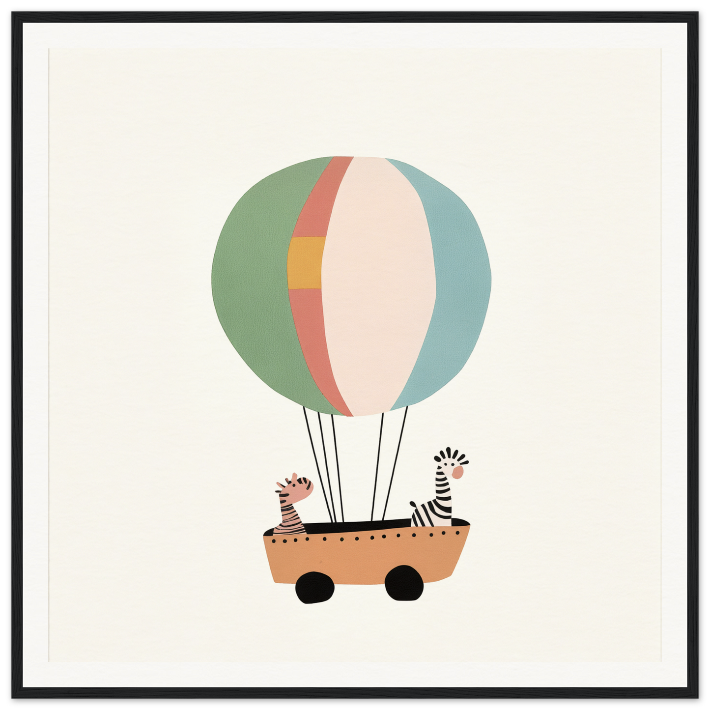 Hot air balloon featuring zebras in a wheeled basket for Zany Zebra Odyssey