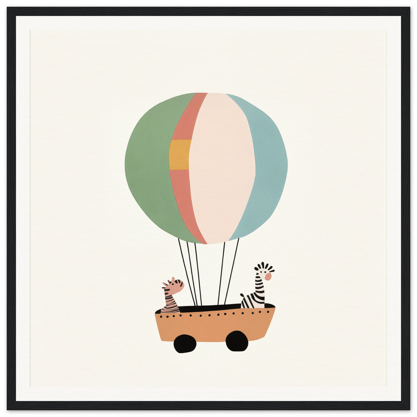 Hot air balloon featuring zebras in a wheeled basket for Zany Zebra Odyssey
