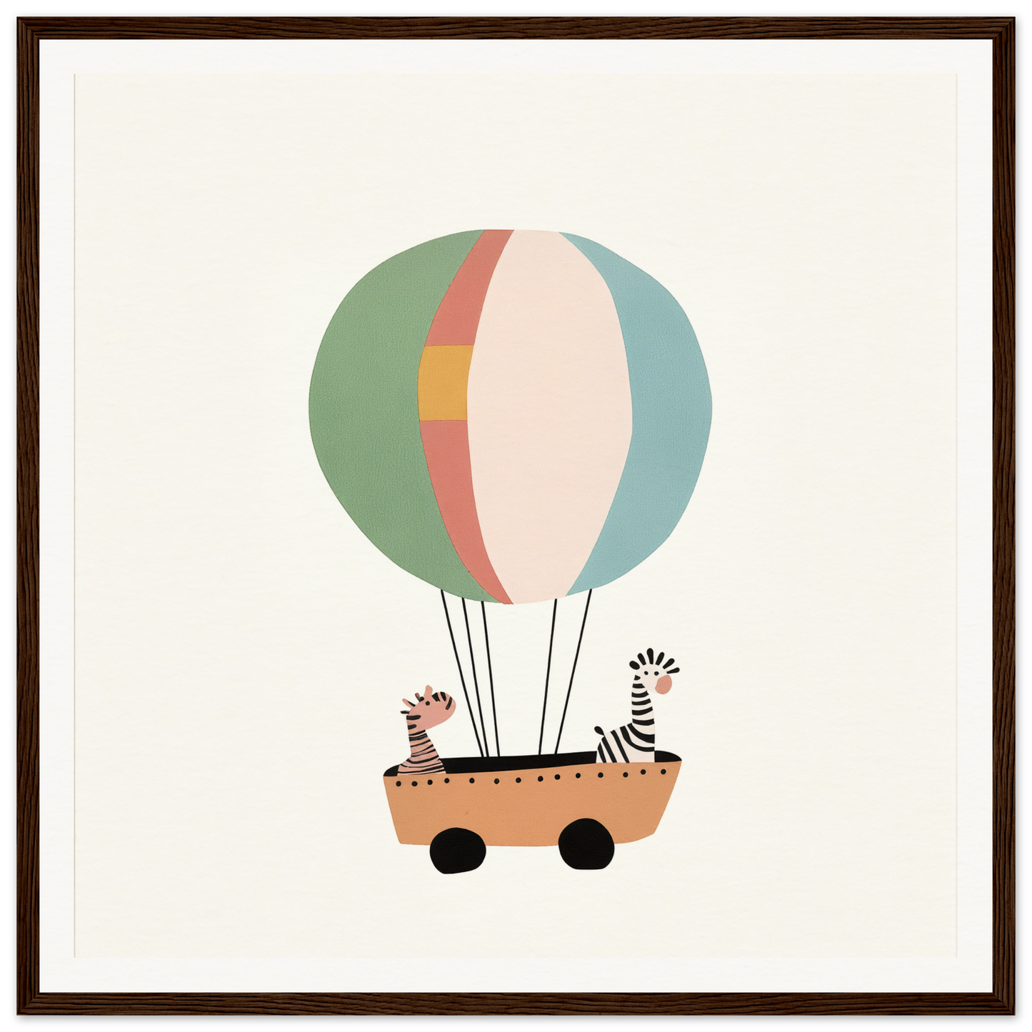 Hot air balloon adventure featuring zebras in a wheeled basket for Zany Zebra Odyssey