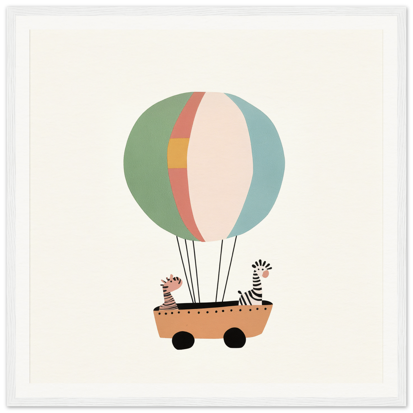 Hot air balloon with zebras in a wheeled basket for Zany Zebra Odyssey adventure