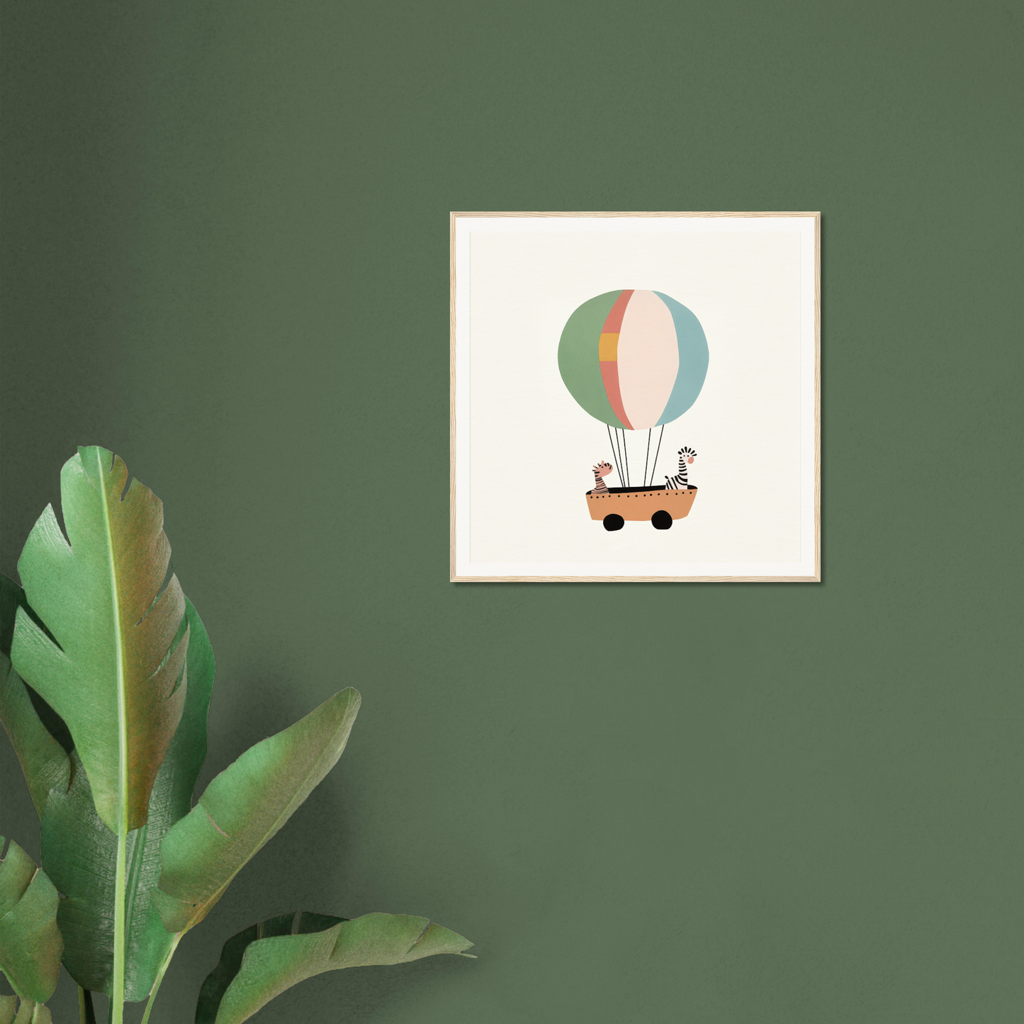 Framed artwork of a hot air balloon and cart in muted colors from Zany Zebra Odyssey