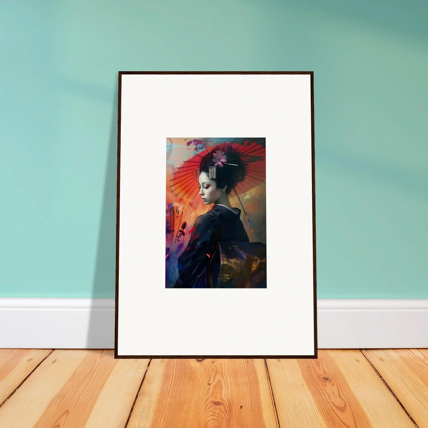 Framed canvas print of a figure in traditional Japanese attire with a red parasol for Lotus Symphony room decoration