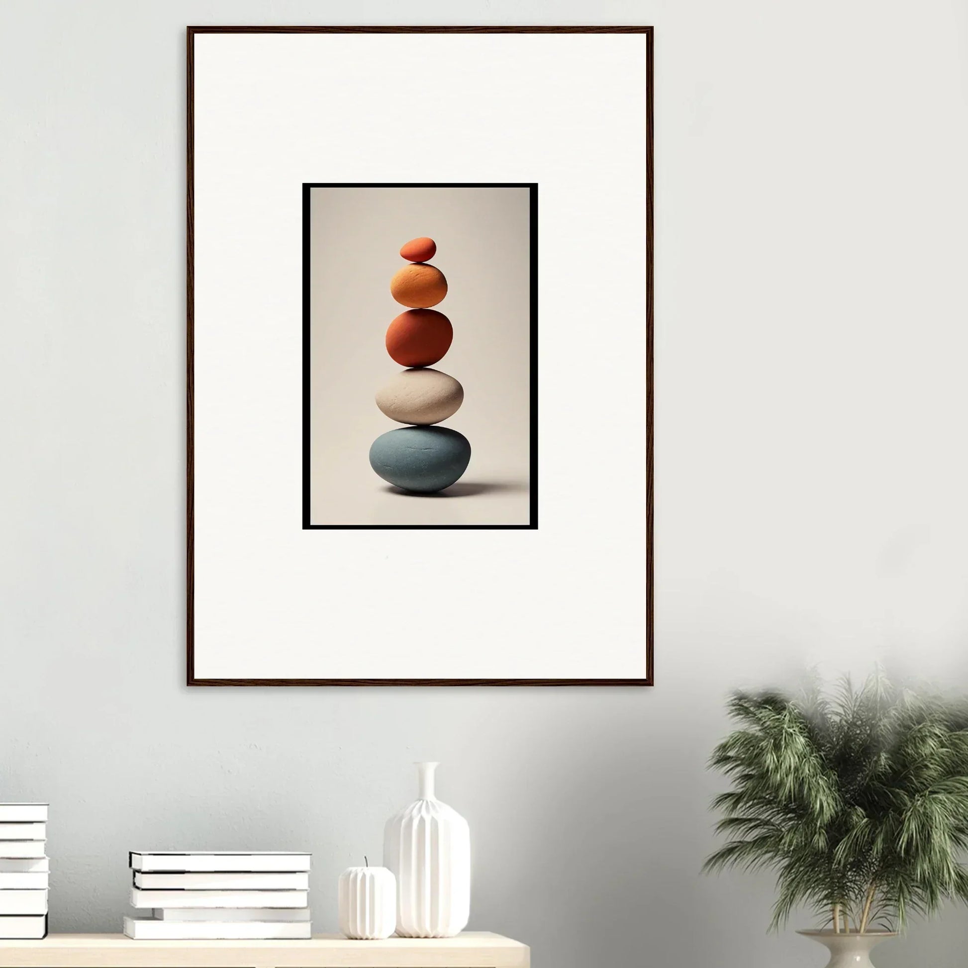 Stack of balanced colorful stones for Zen-inspired collage poetry room decor