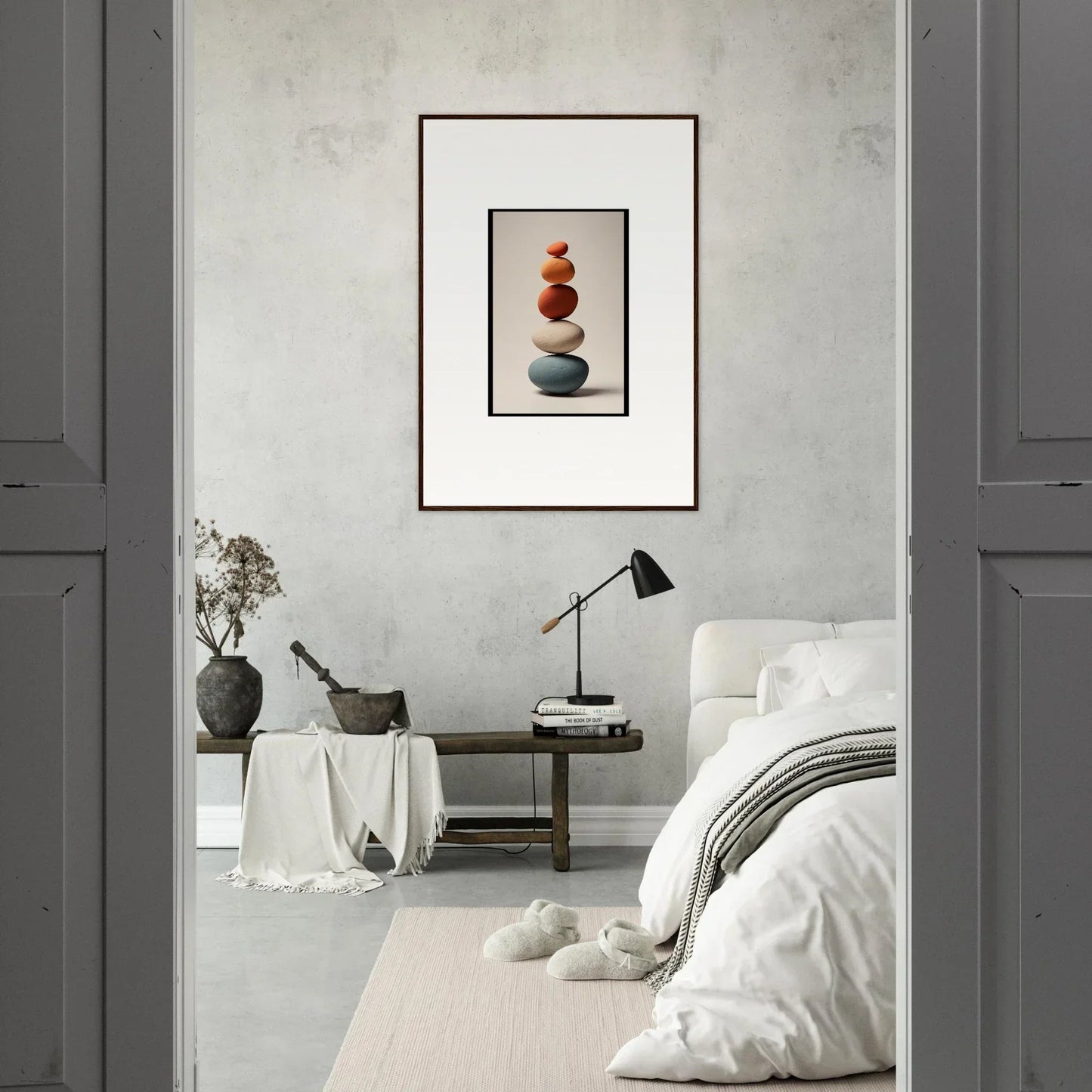 Framed wall art of balanced colorful stones for serene room decor and collage poetry