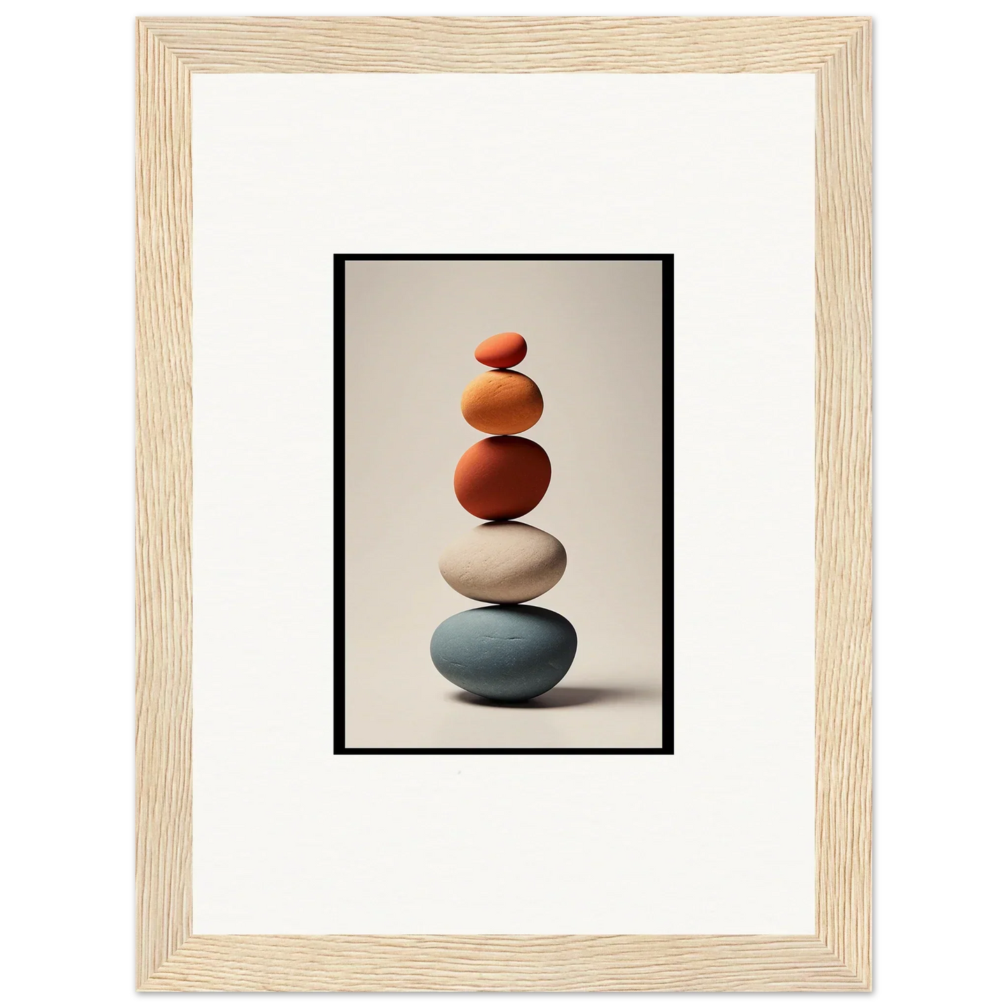 Balanced smooth stones in earthy tones for Zen-inspired collage poetry wall art