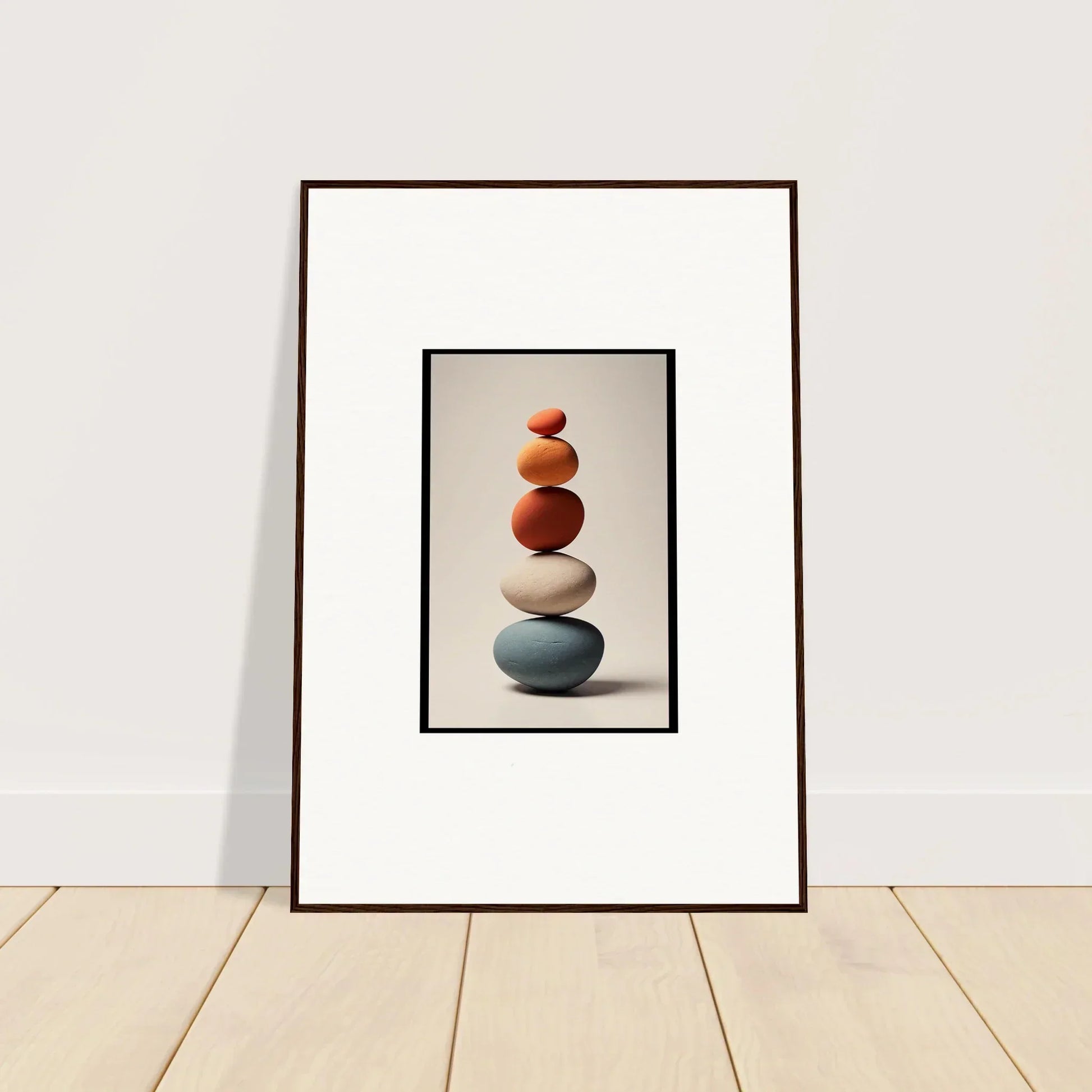 Balanced colorful stones artfully stacked for Zen-inspired collage poetry wall decor