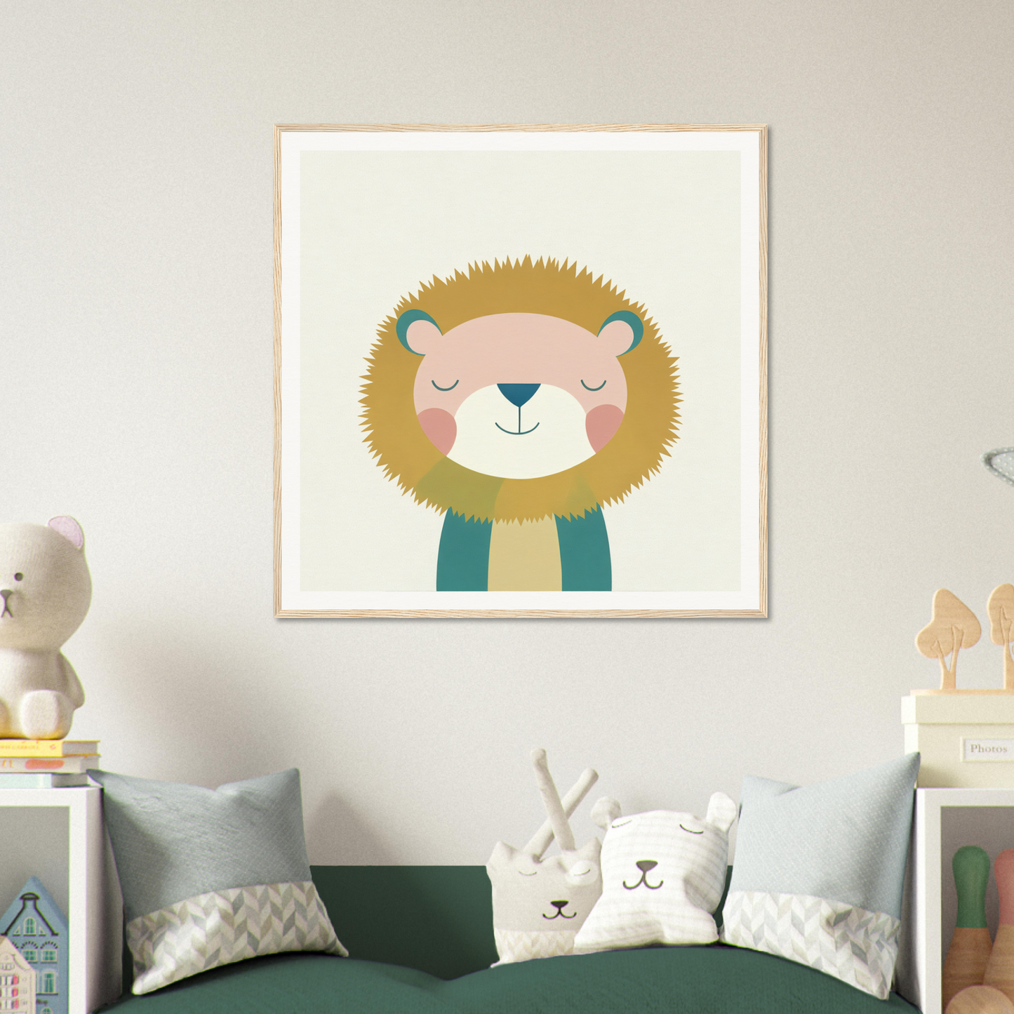Cute cartoon lion in teal scarf embodying Zen Lion Whispers in minimalist style