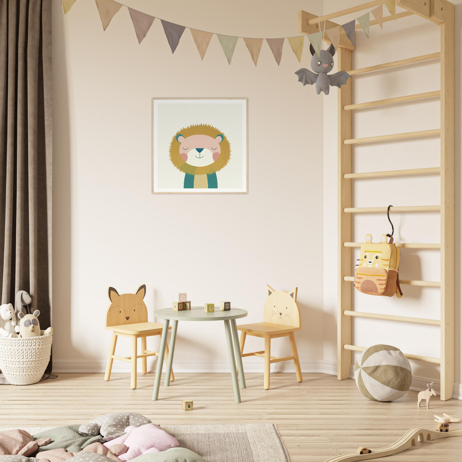 Children’s play area featuring animal-themed chairs and table from Zen Lion Whispers
