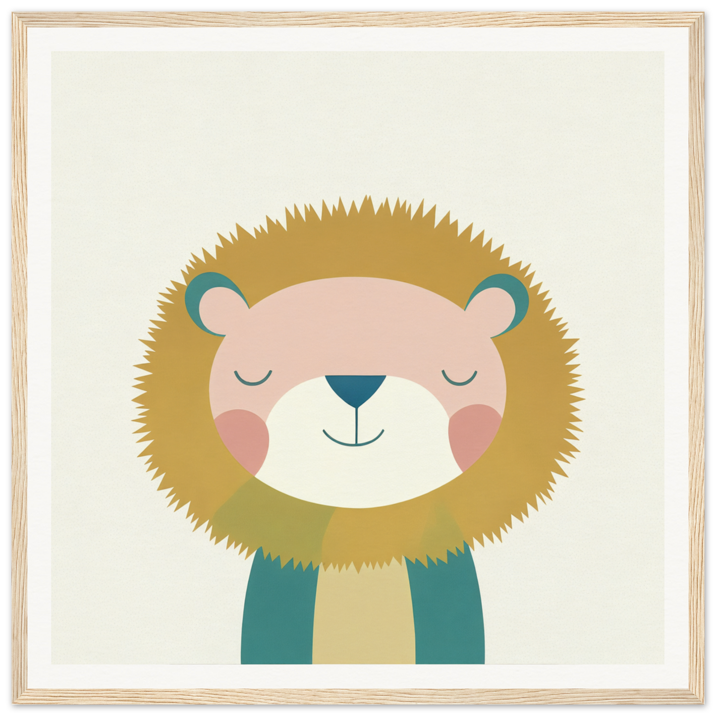 Cute cartoon lion wearing a teal scarf embodies Zen Lion Whispers tranquility