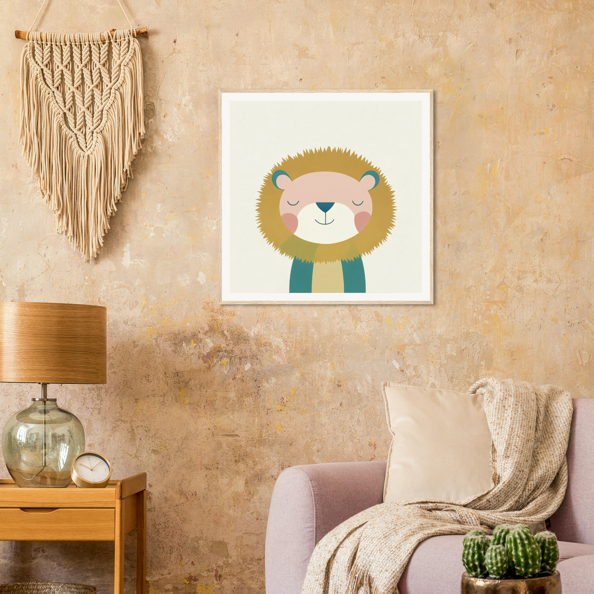 Cute cartoon lion with teal scarf on white canvas for Zen Lion Whispers product