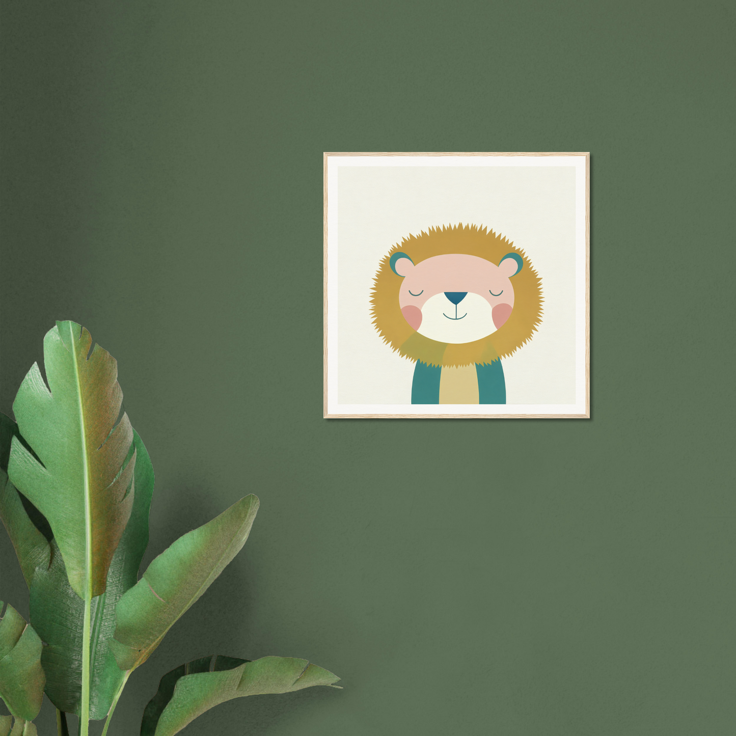 Cartoon illustration of a smiling lion in a teal scarf for Zen Lion Whispers