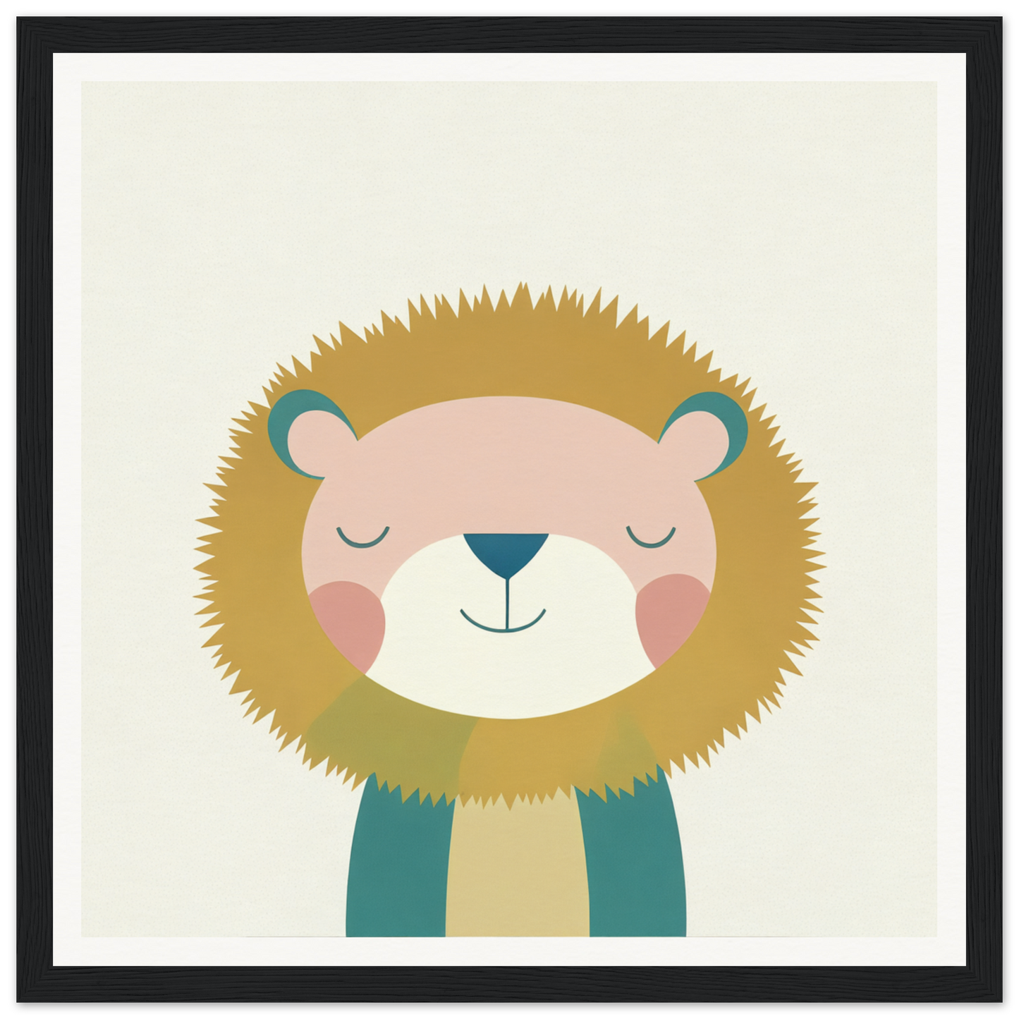 Cute cartoon lion with closed eyes in a teal scarf for Zen Lion Whispers product