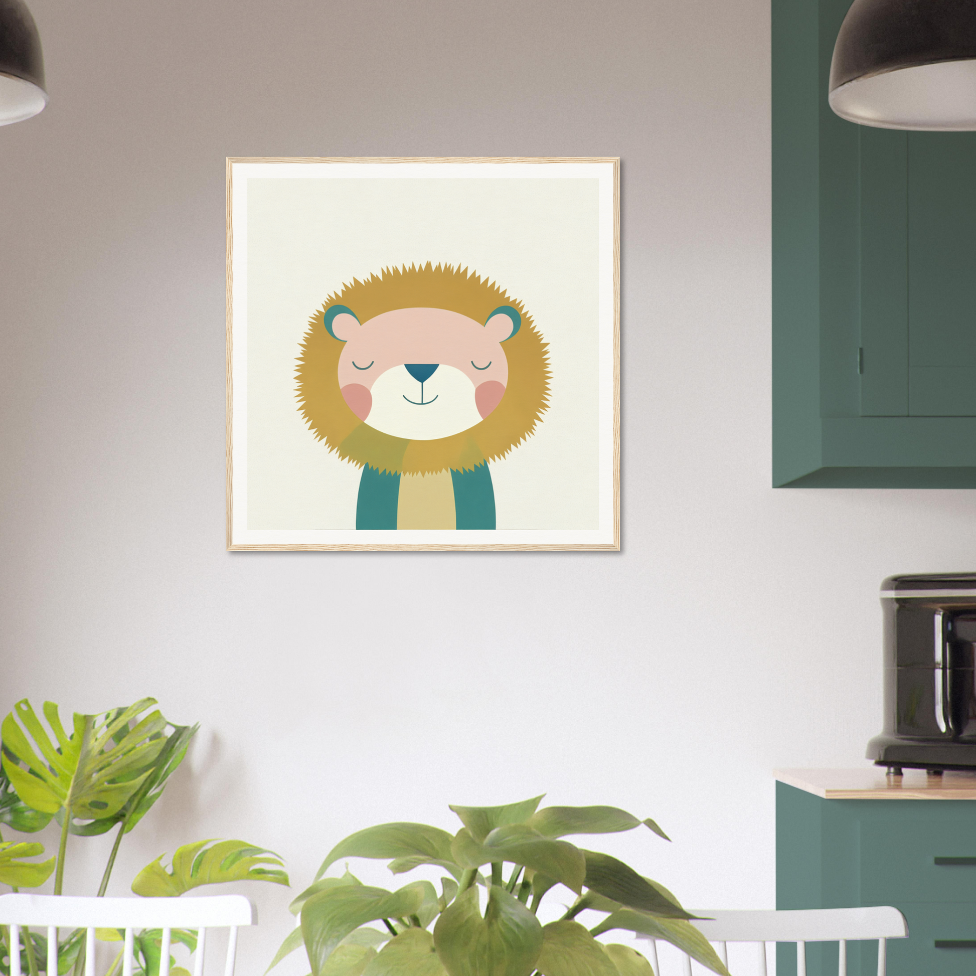 Cute cartoon lion in teal scarf, showcasing Zen Lion Whispers wall art print