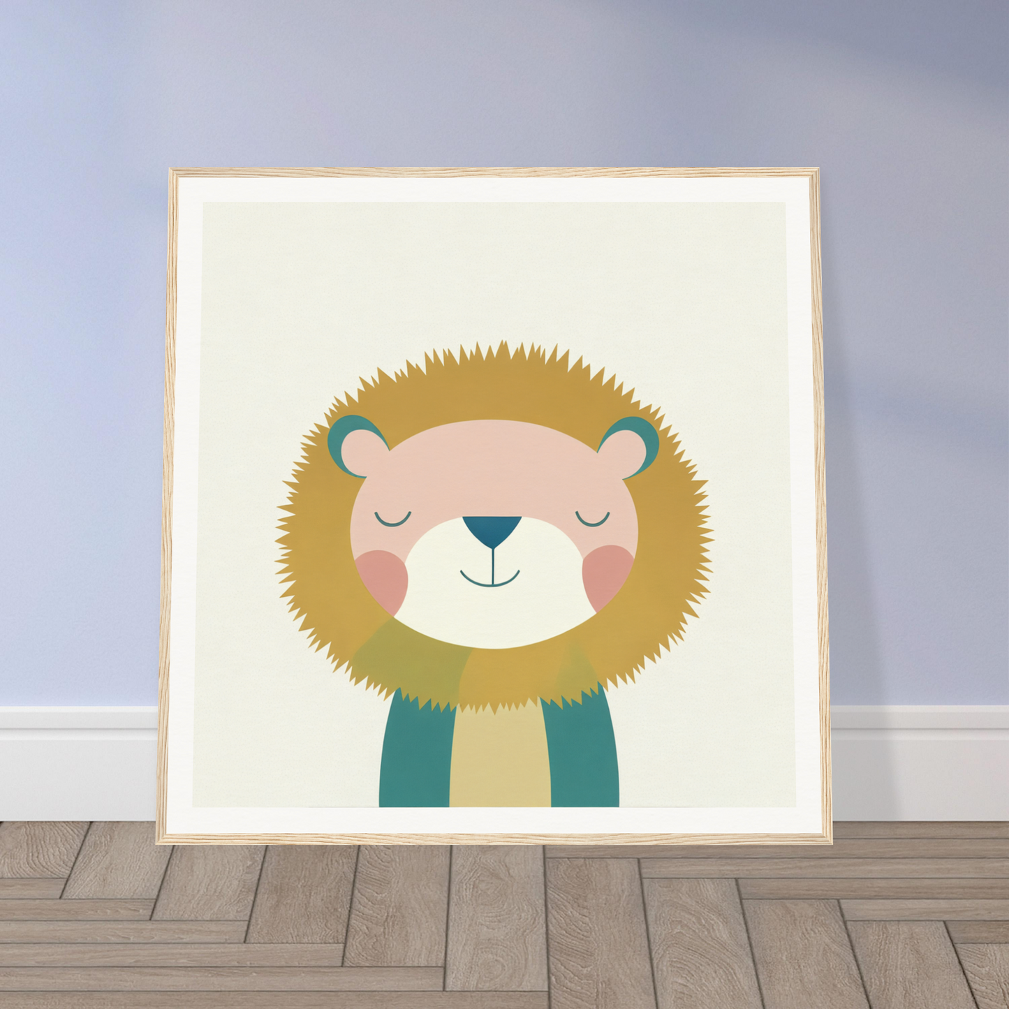 Cute cartoon lion with closed eyes and teal scarf from Zen Lion Whispers collection