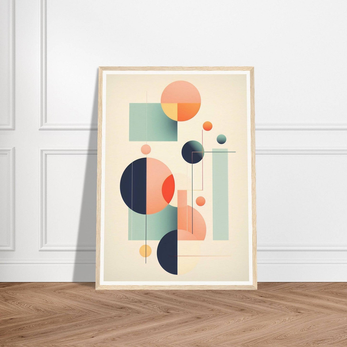 A framed print of abstract shapes on a wooden floor