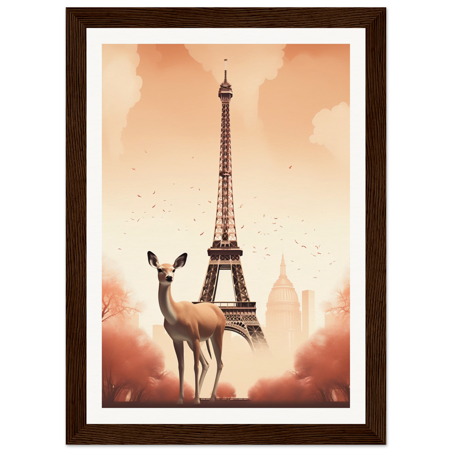 A framed print of a dog standing in front of the eiff tower