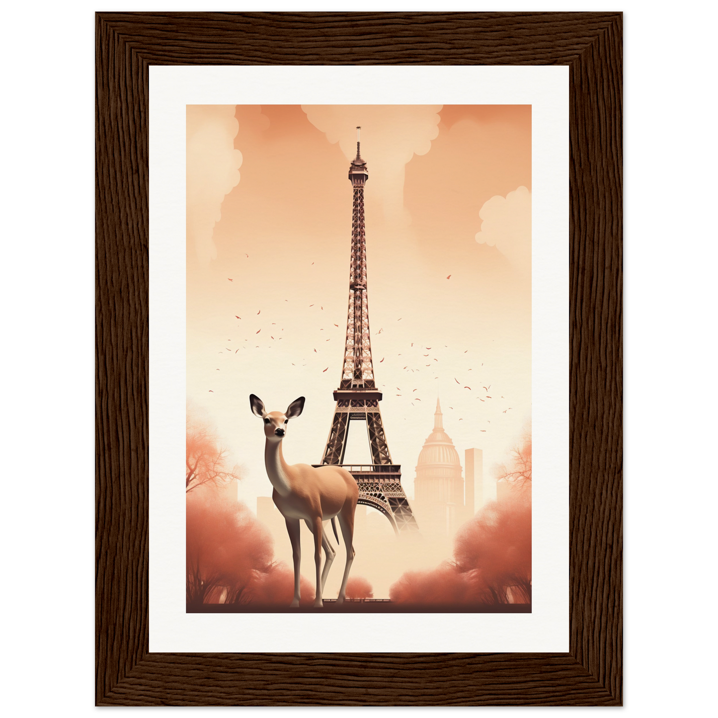 A framed print of the eiff tower and a deer
