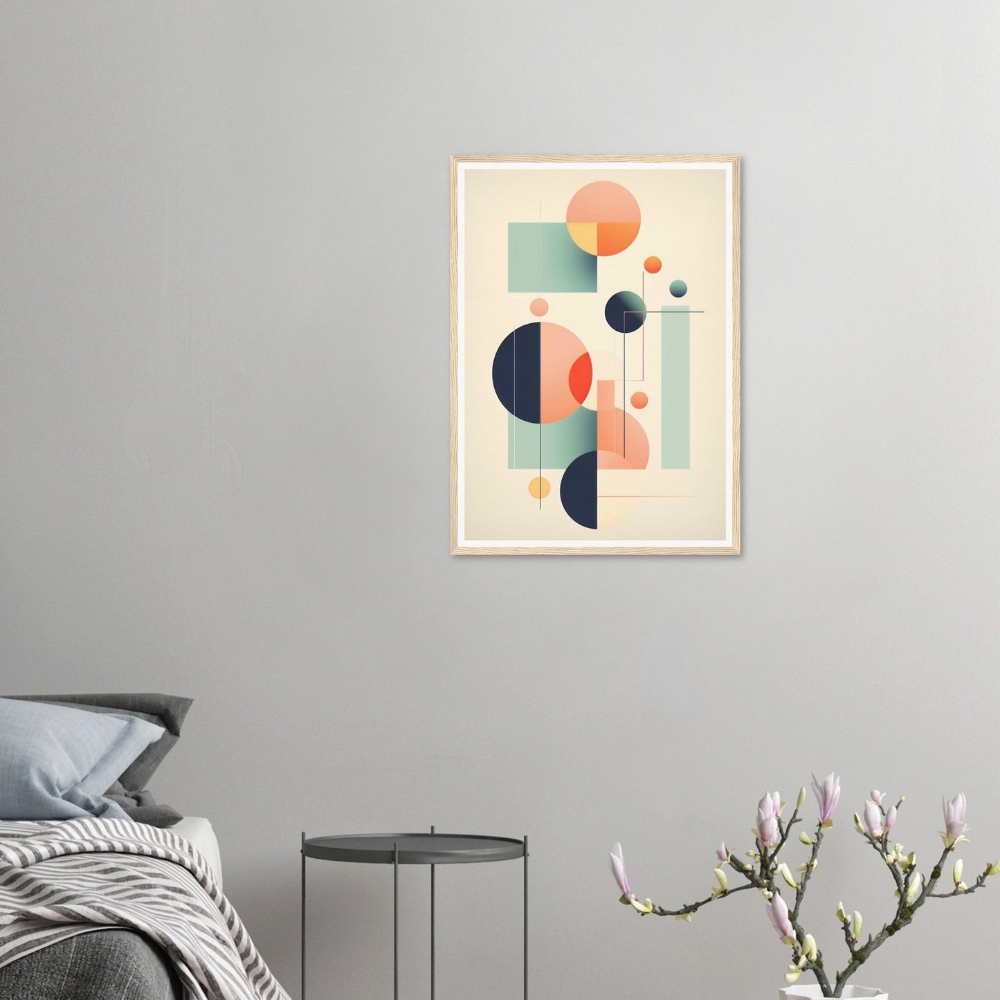 A framed print of a geometric abstract painting