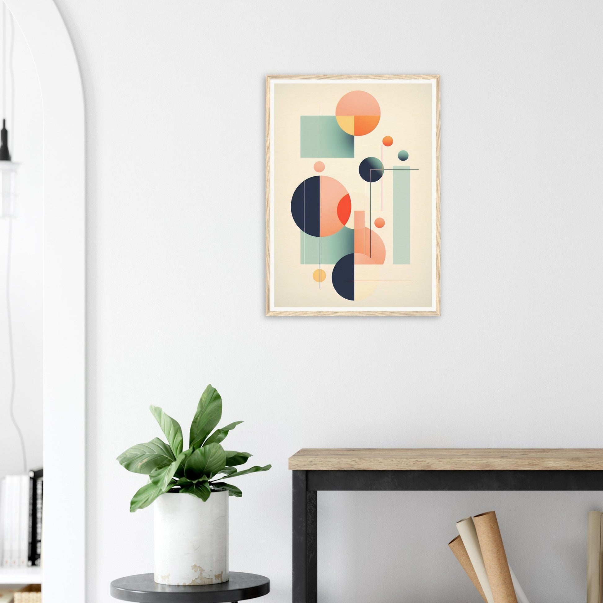 A framed print of a geometric abstract painting on a wall