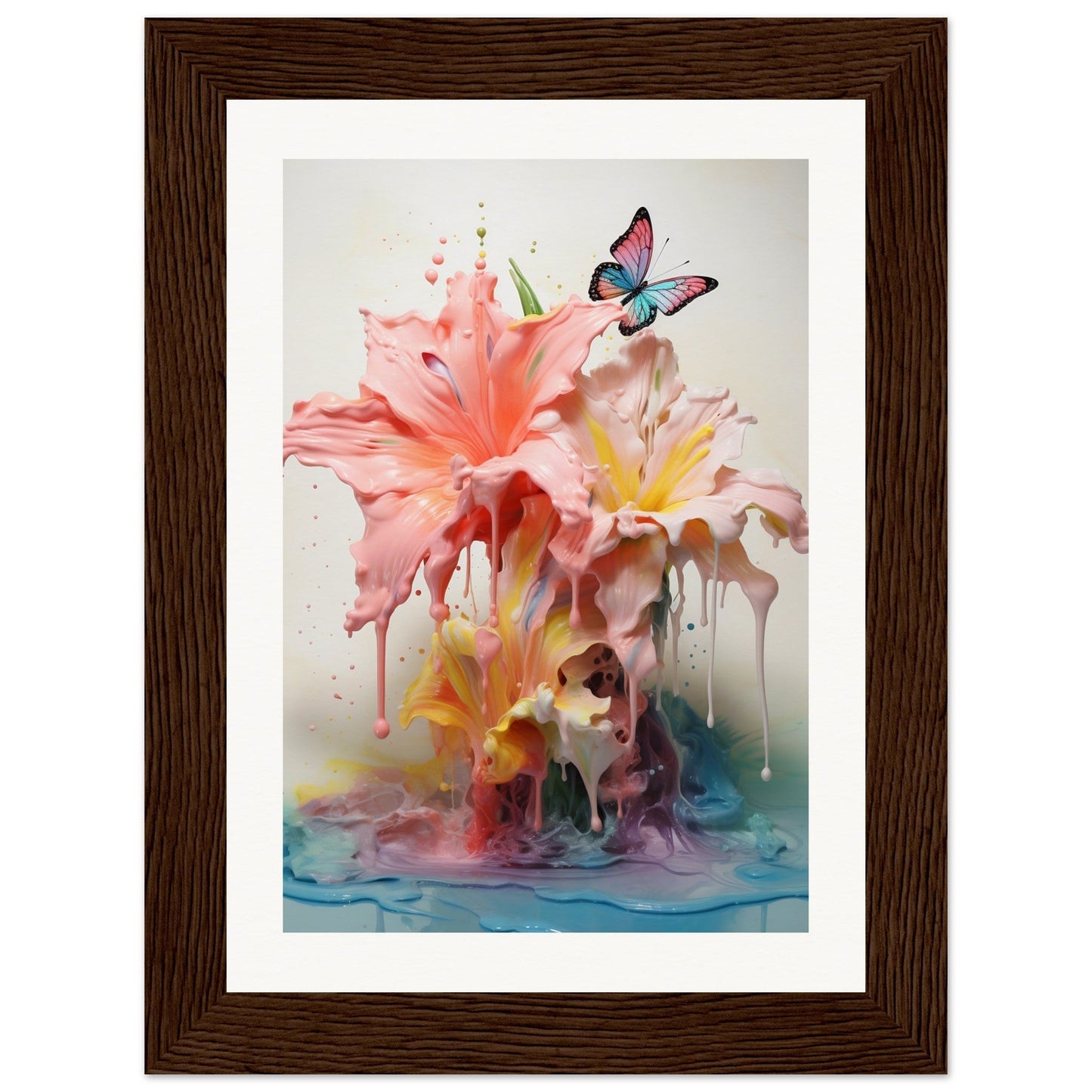 A framed print of a pink flower with a butterfly on it