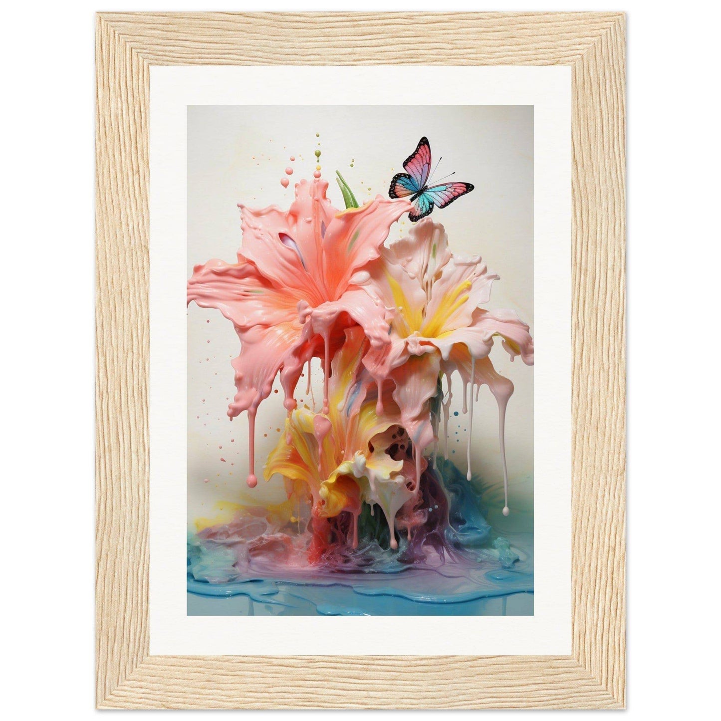 A framed print of a pink flower with a butterfly on it