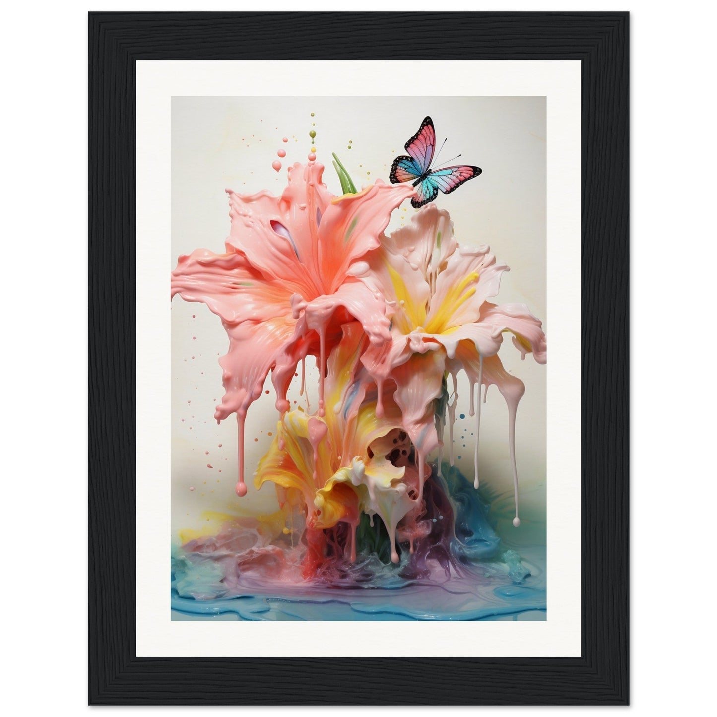 A framed print of a pink flower and a butterfly