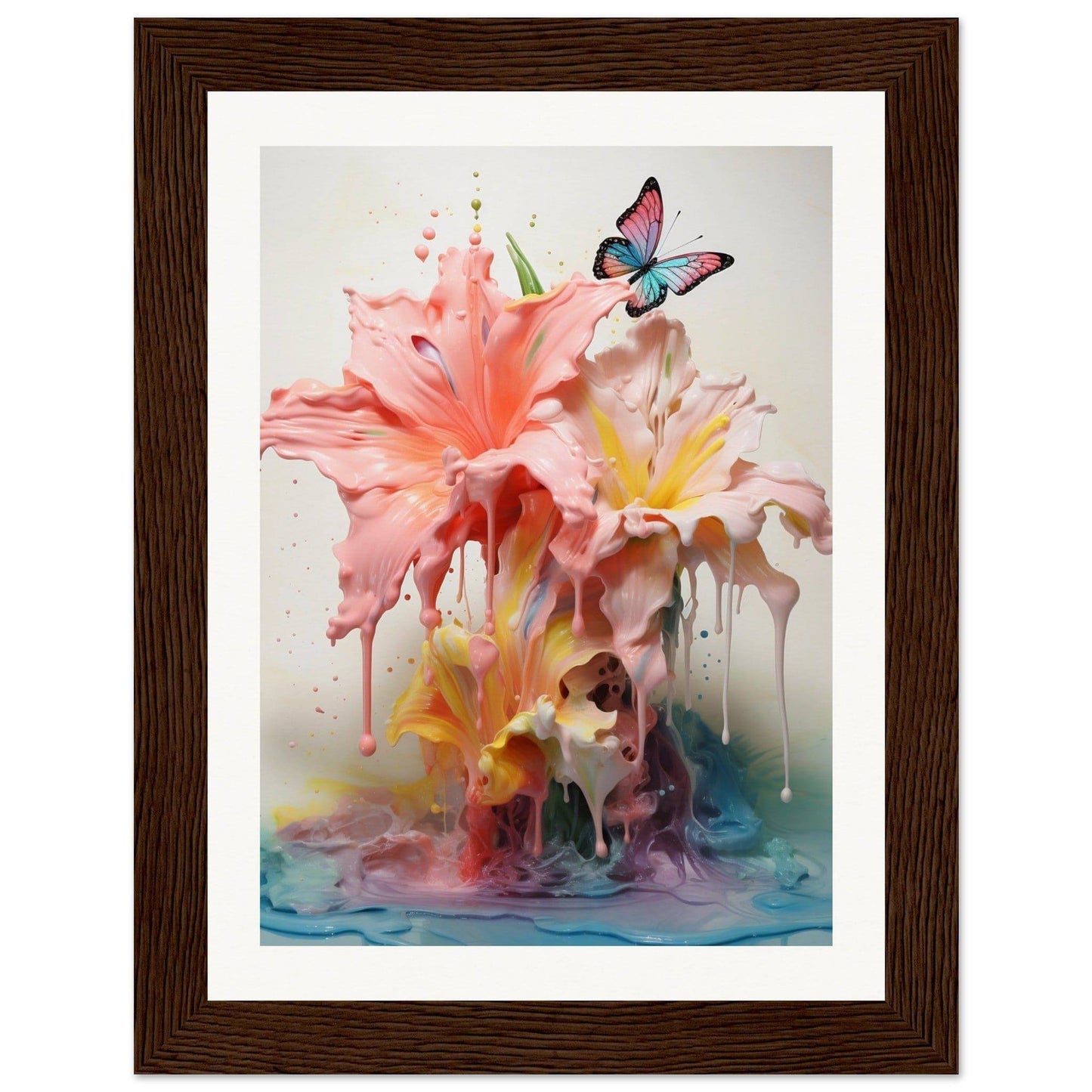 A framed print of a pink flower and a butterfly