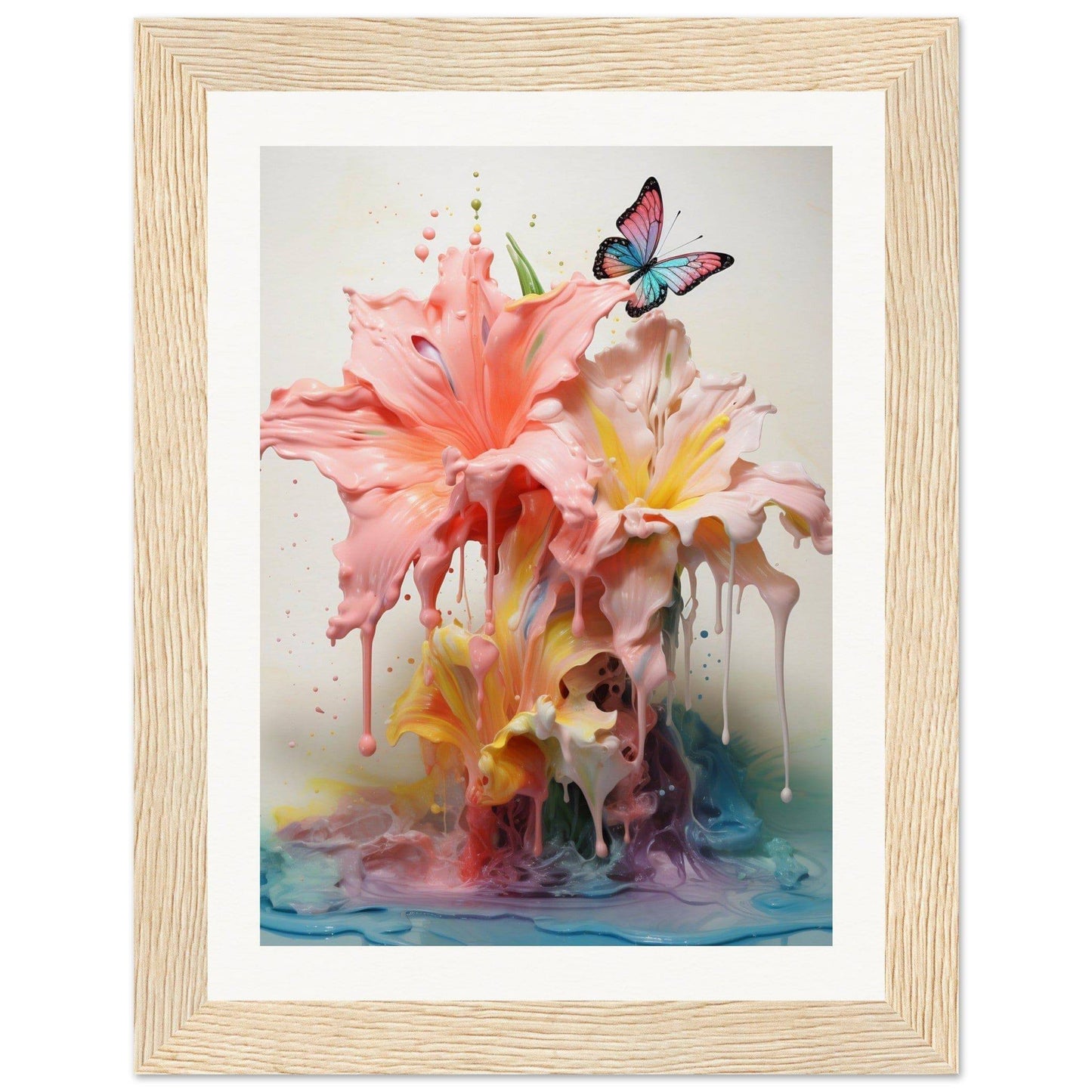 A framed print of a pink flower and a butterfly