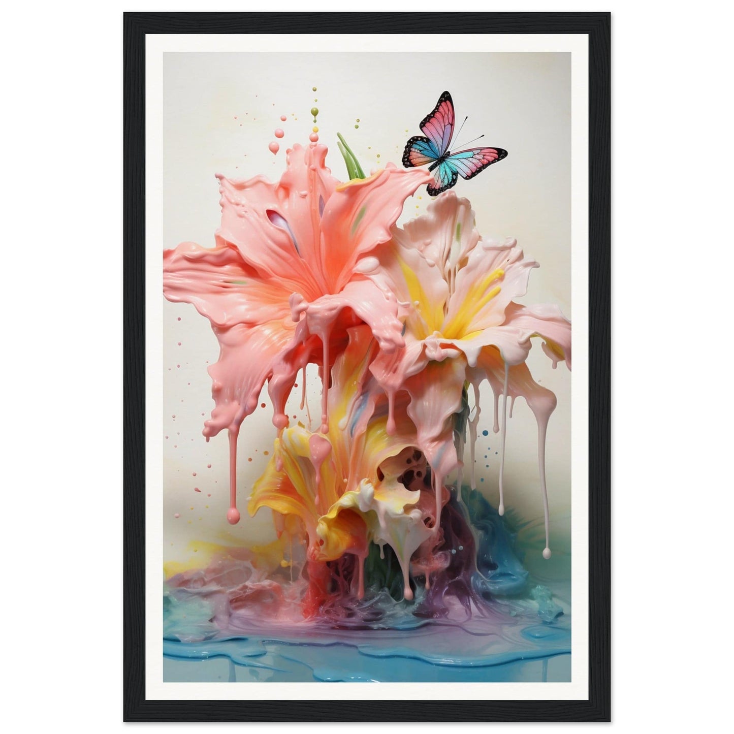 A framed print of a pink flower with a butterfly on it