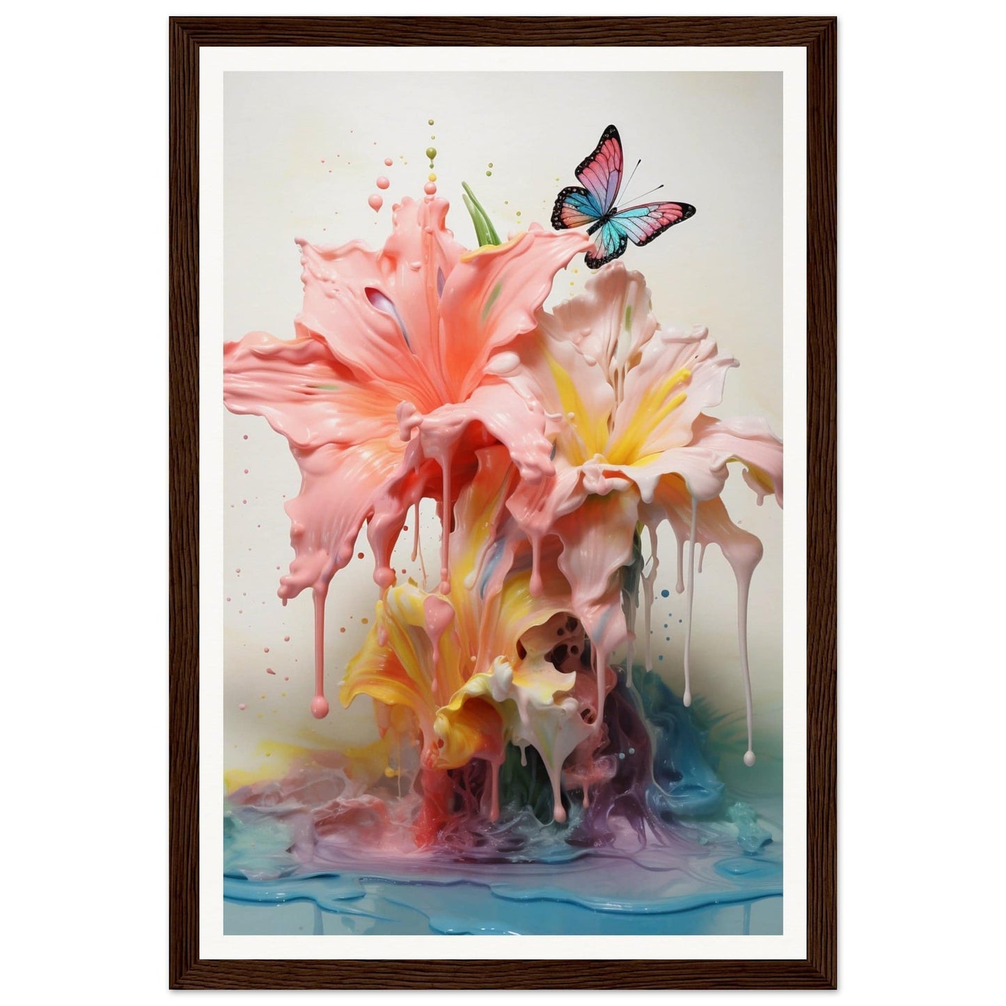 A framed print of a pink flower with a butterfly on it