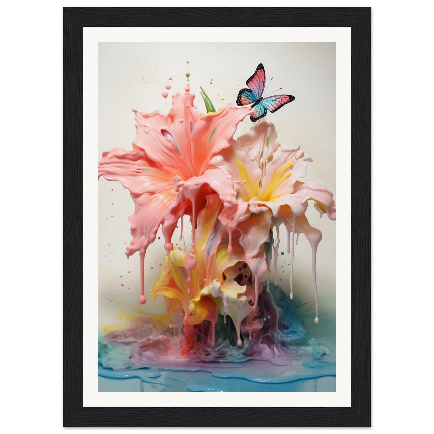 A framed print of a pink flower and a butterfly