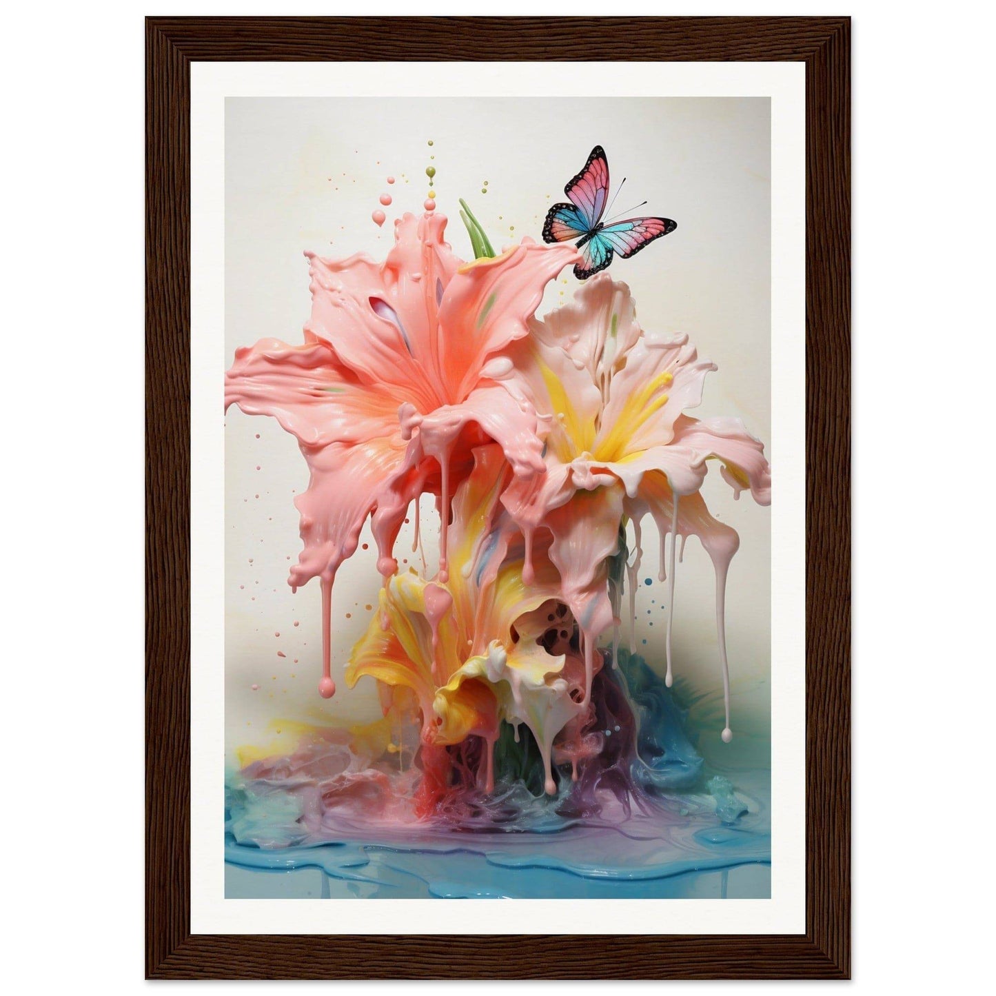 A framed print of a pink flower and a butterfly