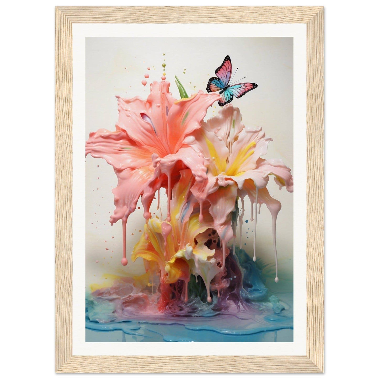 A framed print of a pink flower and a butterfly