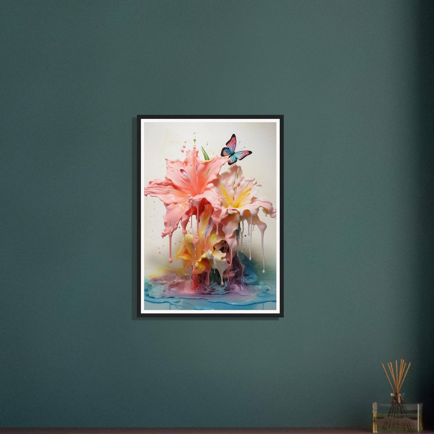 A framed print of a pink flower and a blue bird