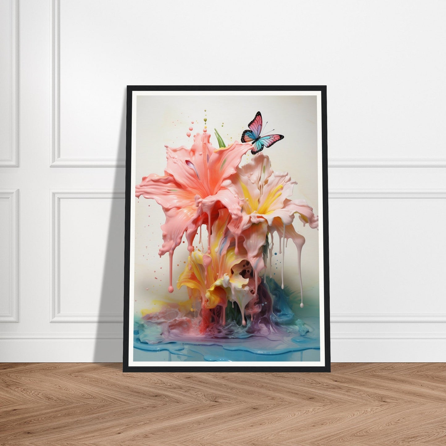 A framed print of a pink flower and a butterfly
