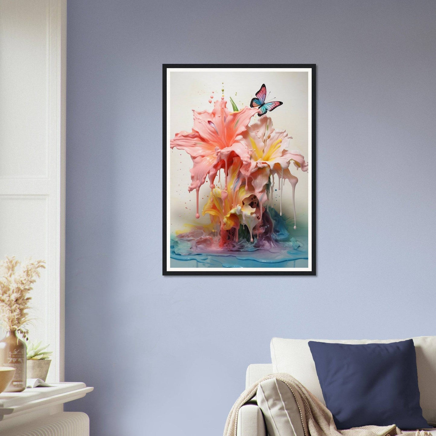 A framed print of a pink flower and a butterfly