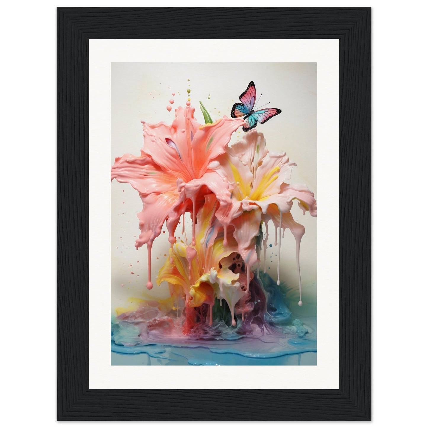 A framed print of a pink lily and a butterfly
