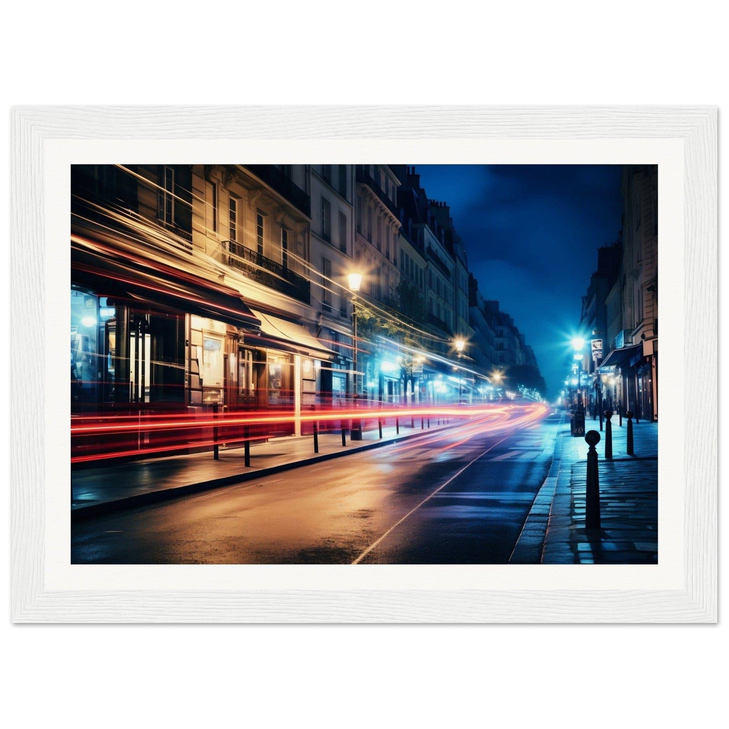 A framed print of a street scene at night