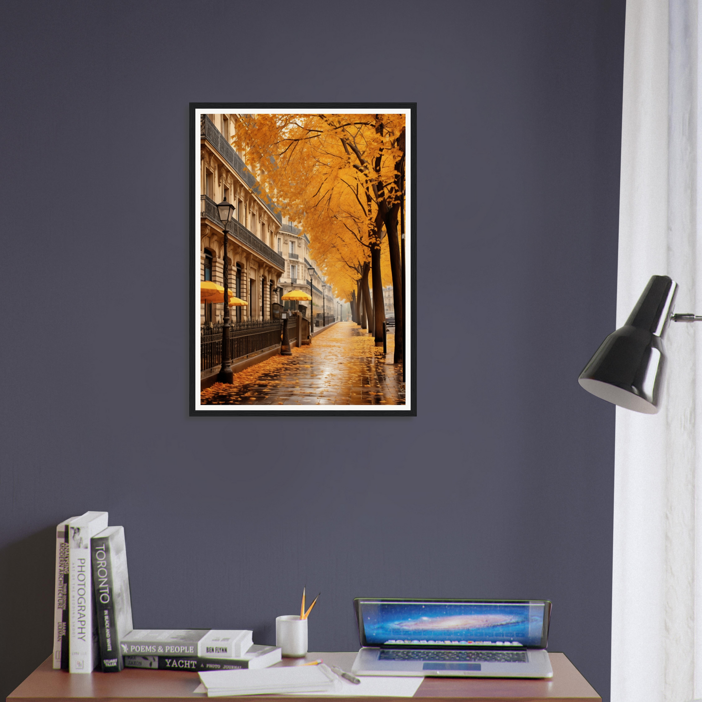 A framed print of a street scene in autumn