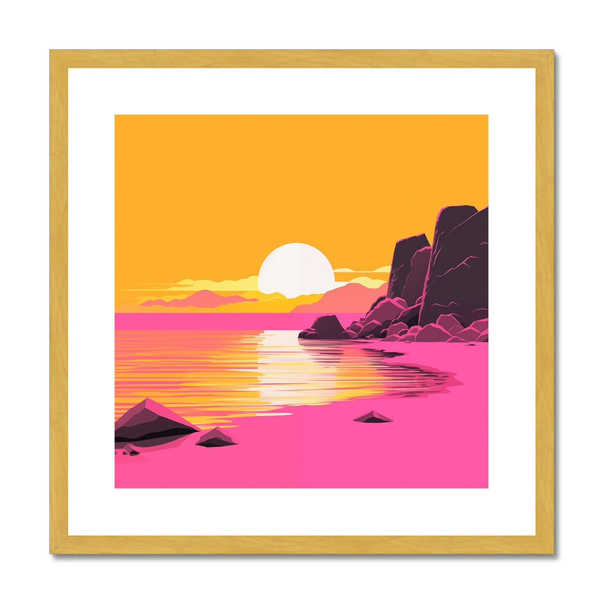 A framed print of a sunset on the beach