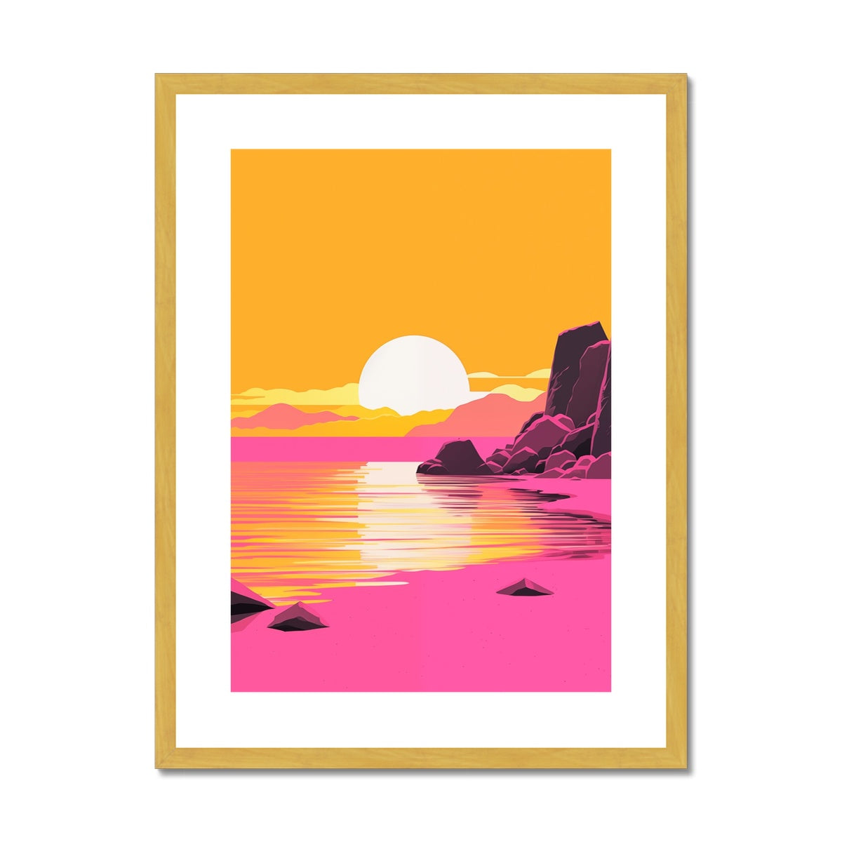A framed print of a sunset on the ocean