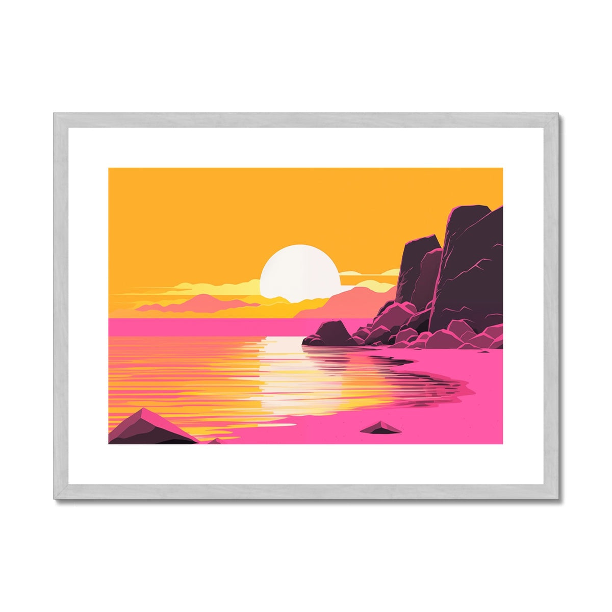 A framed print of a sunset over the ocean