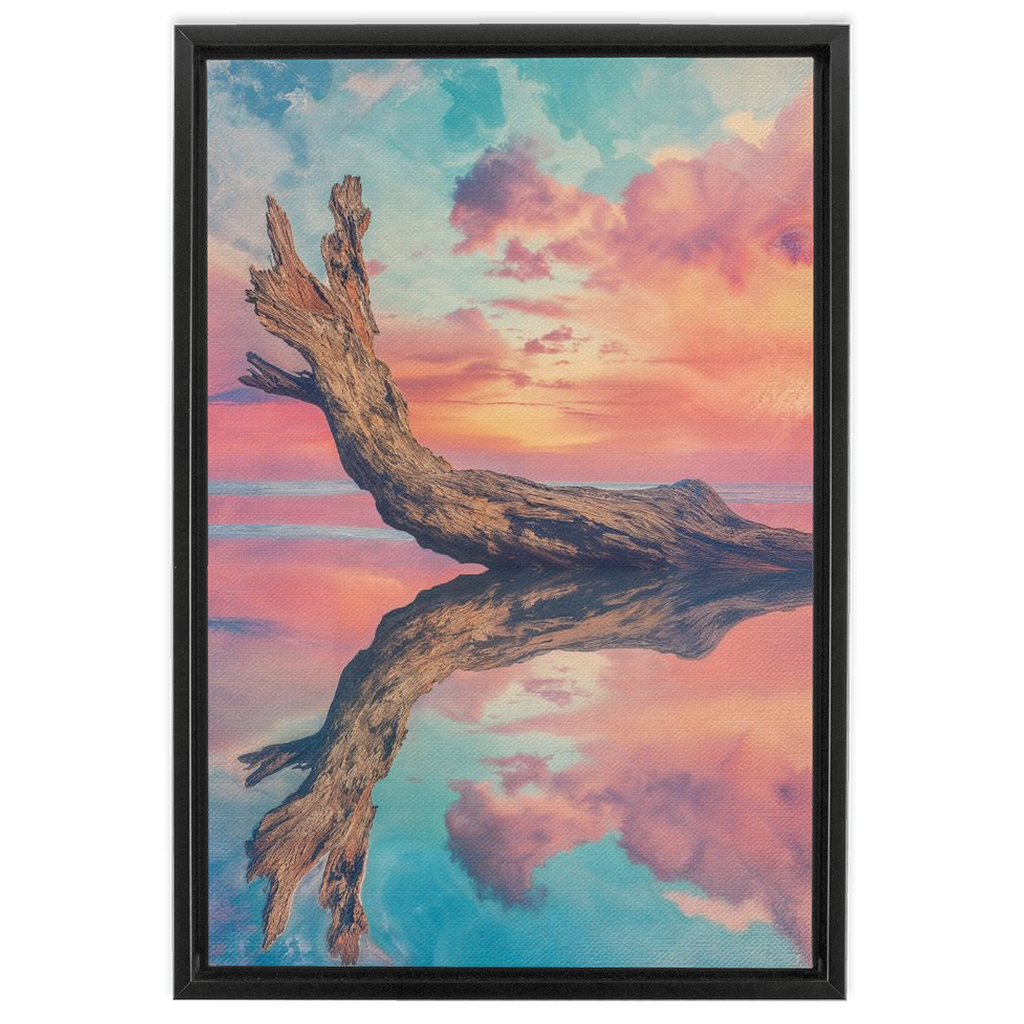 A framed print of a tree trunk in the water