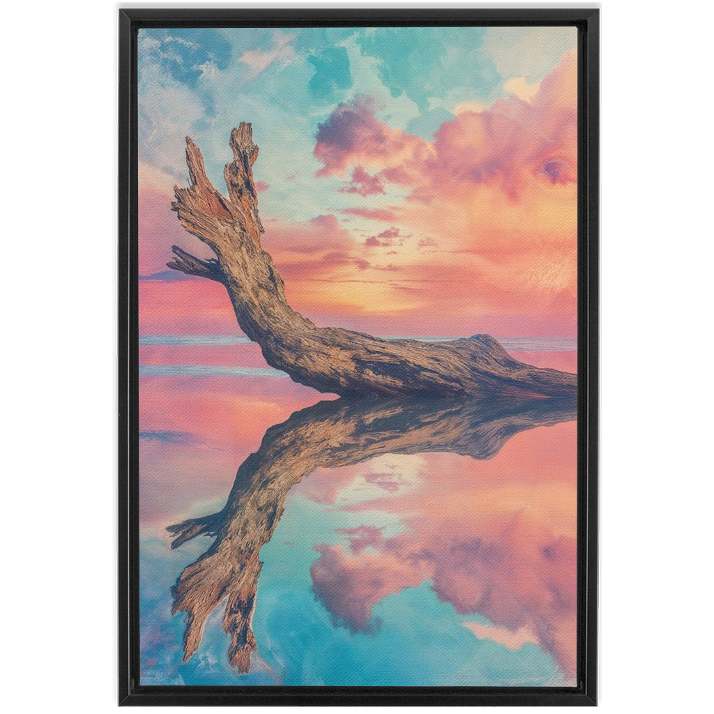 A framed print of a tree trunk in the water