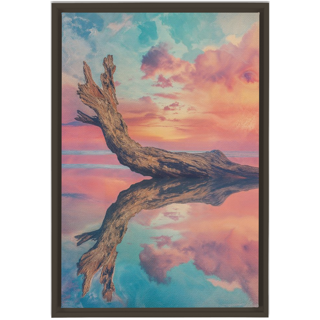 A framed print of a tree trunk in the water