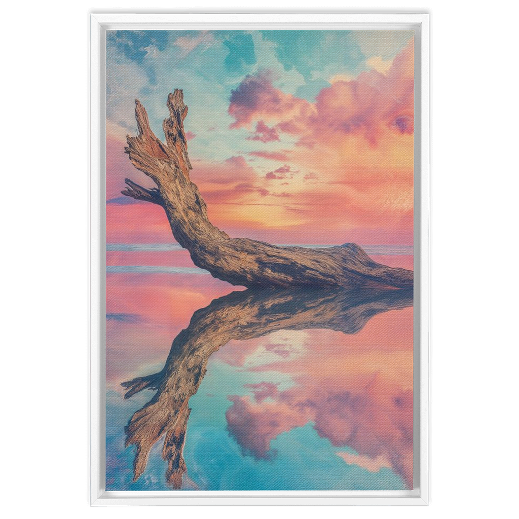 A framed print of a tree trunk in the water